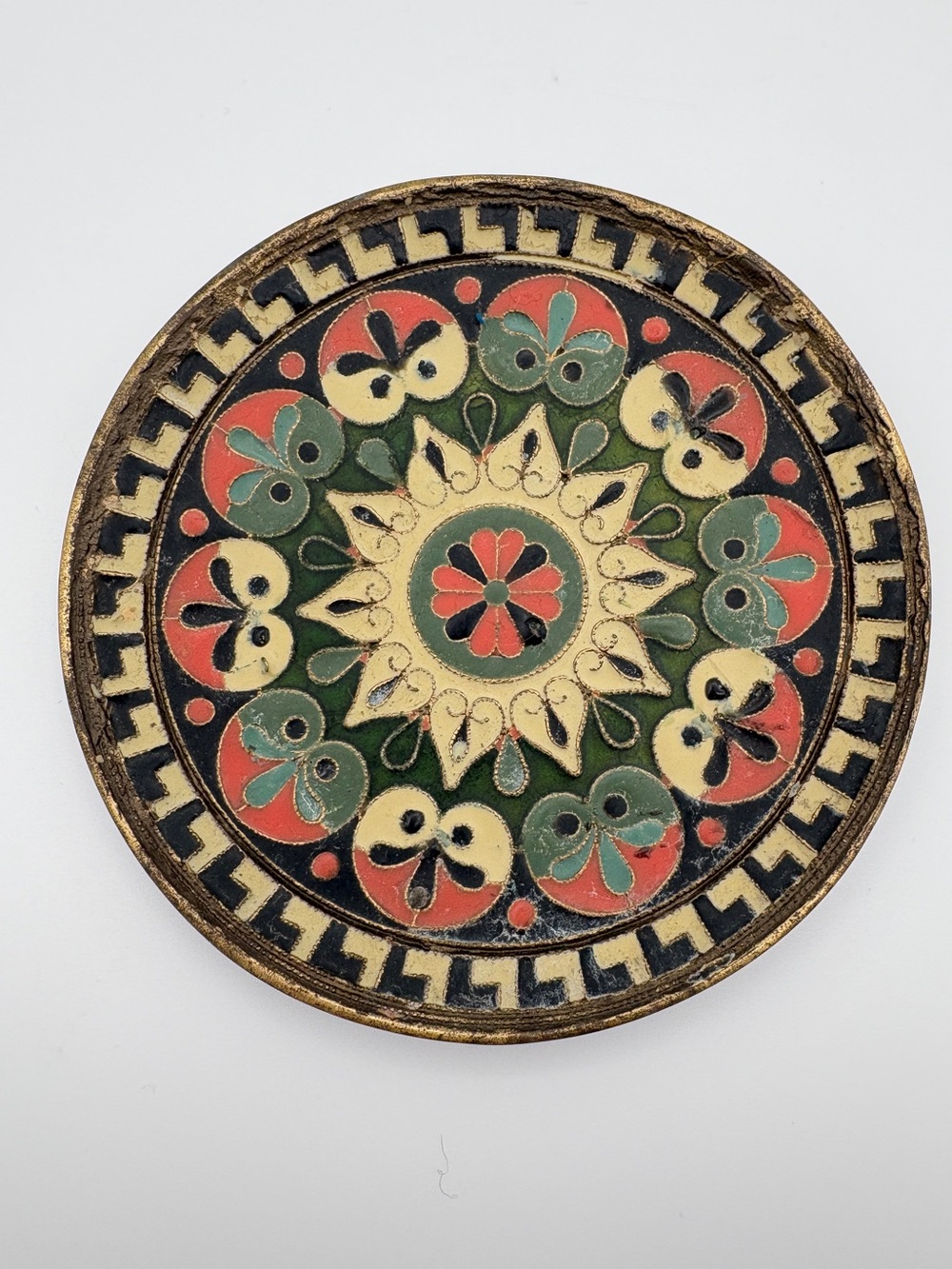Brass and Enamel Decorative Plate with Hanger Round 5 inch